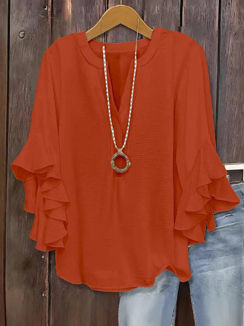 š„V-Neck Plus-Size Women's Loose-Fit Casual Ruffled Three-Quarter-Sleeve Shirt