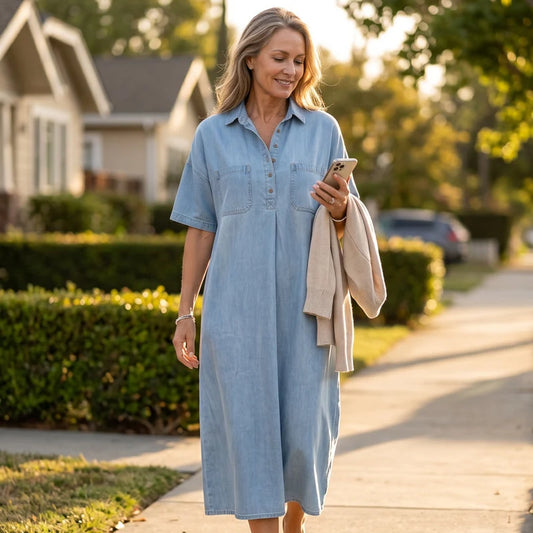 👗Flash Sale 50% OFF NOW 👖 Casual Pocket Denim Midi Shirt Dress – comfortable and versatile