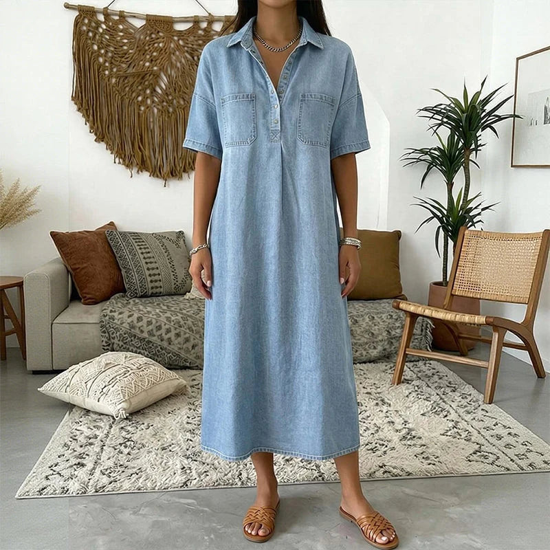 👗Flash Sale 50% OFF NOW 👖 Casual Pocket Denim Midi Shirt Dress – comfortable and versatile